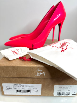 Christian Louboutin Kate 100 Fluo Pink Perle Patent Leather Heels 40.5 UK7.5