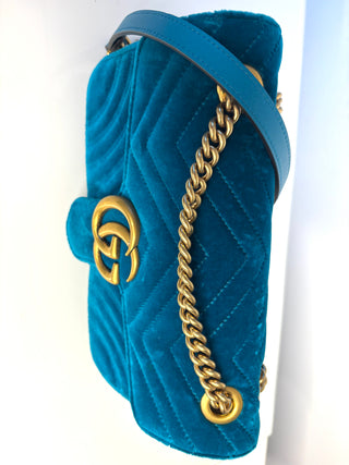 Gucci GG Marmont Small Turquoise Blue Velvet Shoulder Bag
