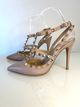 Valentino Garavani Rockstud 100 Caged Ankle Strap Beige Leather Heels 38 UK5