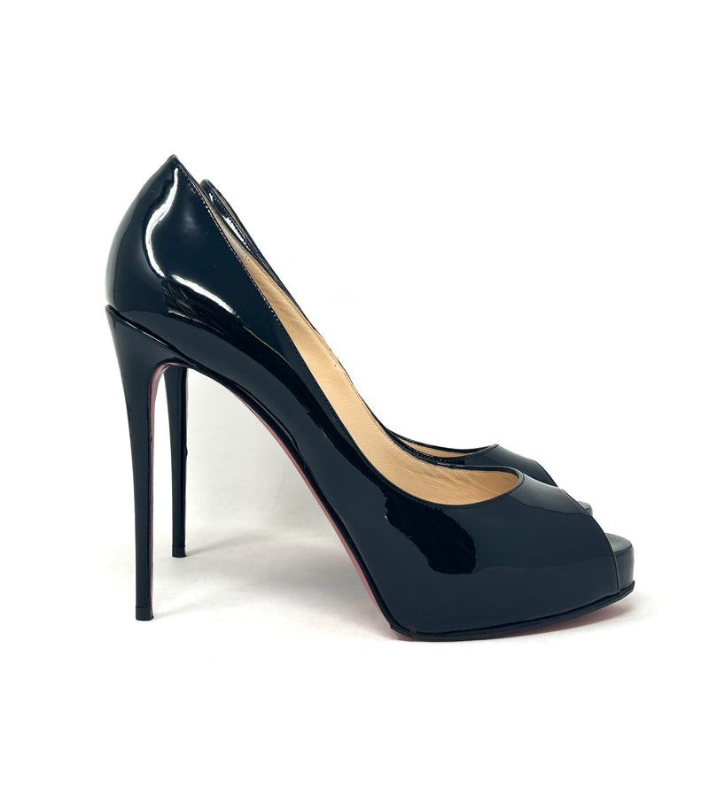 Christian Louboutin New Very Prive 120 Black Patent Leather Peep Toe Heels 38 UK 5