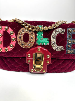 Dolce & Gabbana Lucia  Studded Burgundy Velvet Shoulder Bag