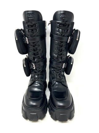 Prada Black Leather Nylon Tall Combat Boots