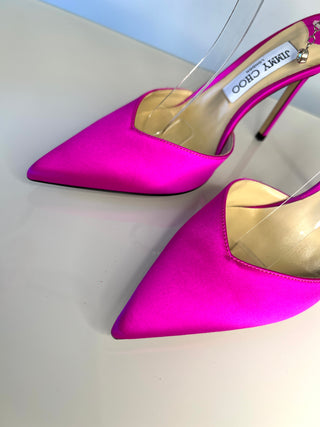 Jimmy Choo Saeda 100 Fuchsia Pink Satin Crystal Strap Heels 38.5 UK5.5