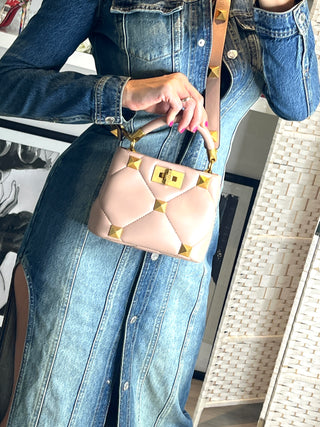 Valentino Garavani Roman Stud Blush Pink Nude Leather Gold Hardware Top Handle Cross-body Bag