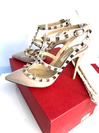 Valentino Garavani Preloved Rockstud 100 Nude Patent Sandals Heels 37 UK4
