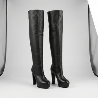 Aquazzura Black Leather Pull-On Knee-High Platform Boots – EU 38.5 / UK 5.5