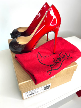 Christian Louboutin New Very Prive 120 Black Red Degrade Patent Leather Platform Heels 38 UK5