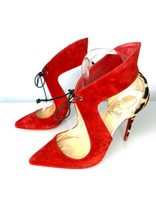 Christian Louboutin Ferme Rouge 100 Rougissime Red Leopard Suede Heels  38.5 UK5.5