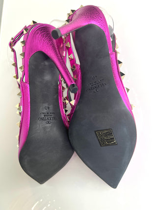 Valentino Garavani Rockstud 100 Metallic Pink Textured Leather Sandals Heels 40 UK7