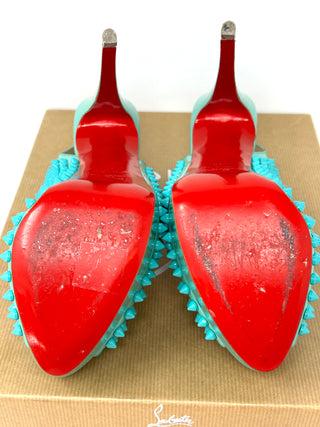 Christian Louboutin Spikes Turquoise Patent Peep Toe Sling Back Heels