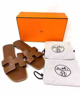 Hermes Oran Brown Leather H Cut Out Flat Slide Sandals 42 UK 9