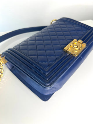 Chanel Medium Boy Bag Navy Blue Quilted Lambskin Leather Gold Tone Hardware Shoulder Bag