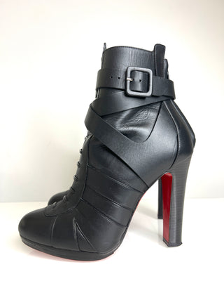 Christian Louboutin Preloved Lamu Black Leather Strappy Ankle Boots 38.5 UK5.5