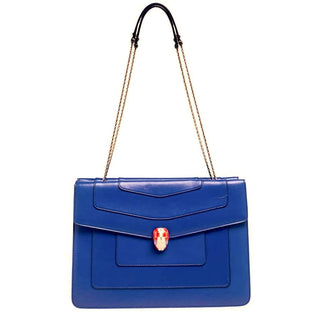 Bvlgari Serpenti Blue Leather Large Double Flap Snakehead Shoulder Bag