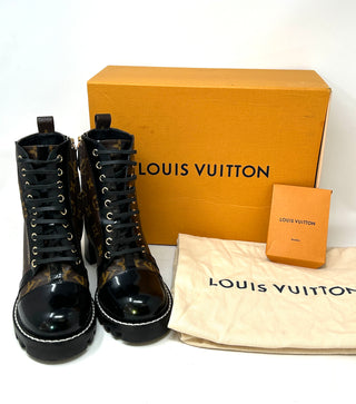 Louis Vuitton Star Trail Cacao Black Patent Monogram Lace Ankle Boots 39.5 UK 6.5