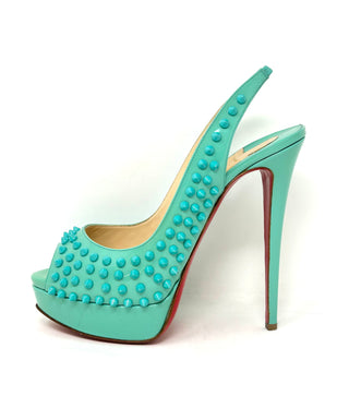 Christian Louboutin Spikes Turquoise Patent Peep Toe Sling Back Heels