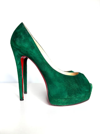 Christian Louboutin Palais Royal 140 Green Suede Peep-Toe Heels 38 UK5