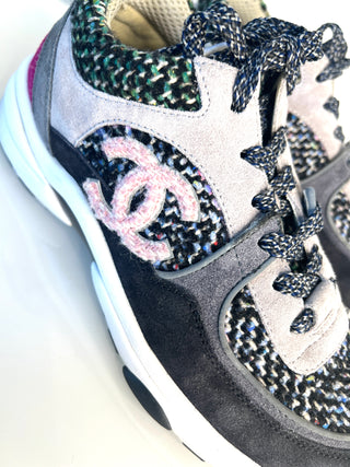 Chanel Preloved Multicolor Tweed Suede CC Sneakers Trainers 38.5 UK5.5