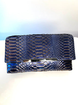 Christian Louboutin Rougissime Nuit Blue Metallic Python Clutch Shoulder Bag