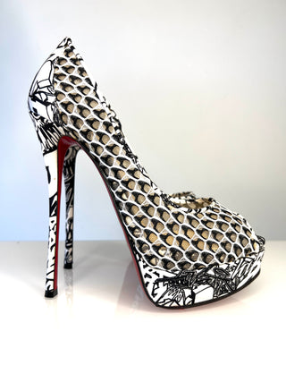 Christian Louboutin Fetish Lace black and white high-heeled peep-toe shoe with graffiti and lace fishnet design