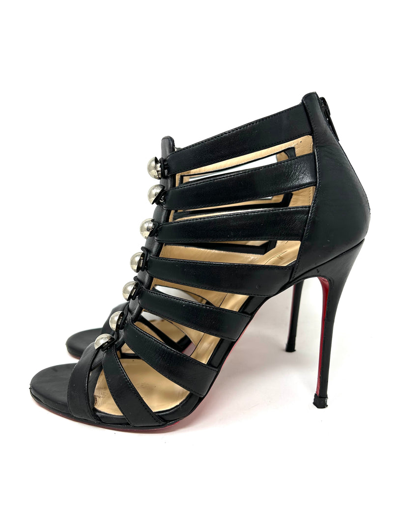 Christian Louboutin Denis Buttoned Caged Black Leather Sandals