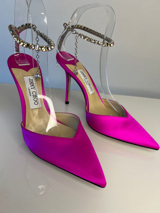 Jimmy Choo Saeda 100 Fuchsia Pink Satin Crystal Strap Heels 38.5 UK5.5