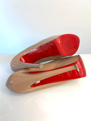 Christian Louboutin Jamie 160 Nude Patent Leather Peep-Toe Platform Heels 39.5 UK6.5
