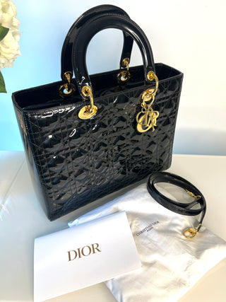 Dior Large Lady Dior Black Patent Leather Handbag