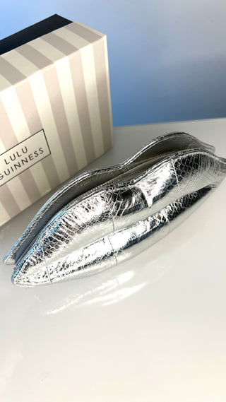 Lulu Guinness Silver Snakeskin Leather Padded Lips Clutch Bag
