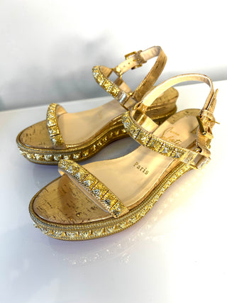 Christian Louboutin Pyradiams Gold Studded Platform Wedge Sandals Large 35 UK2