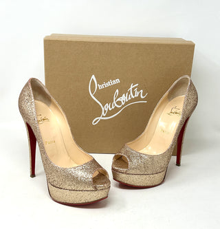 Christian Louboutin Lady Peep 150 Nude Glitter Platform Peep Toe Heels 38.5 UK 5.5