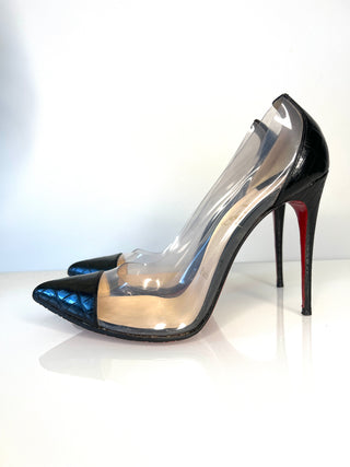 Christian Louboutin Debout 100 Black Croc-Embossed Leather & PVC Pumps – Size 38 / UK 5 – VERY SMALL FIT Fits Approx. 36.5 / UK 3.5