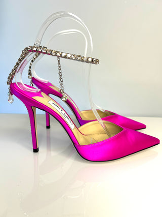 Jimmy Choo Saede Pink satin high-heeled shoes with crystal embellished straps around the ankle