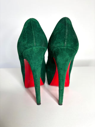 Christian Louboutin Palais Royal 140 Green Suede Peep-Toe Heels 38 UK5