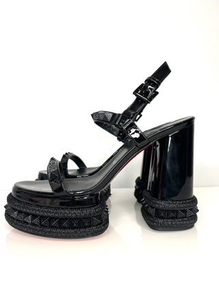 Christian Louboutin Superaclou 130 Black Patent Wedge Sandals 40 UK7