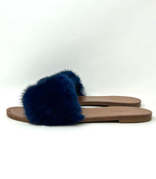 Louis Vuitton Brown Leather Dark Blue Mink Fur Slides