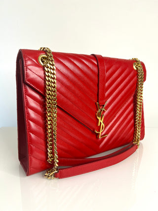 Saint Laurent YSL Pre-Loved Large Envelope Red Chevron Quilted Leather Shoulder Bag