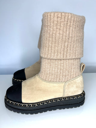 Chanel Beige Suede and Knit Chain Detail Boots 39 UK6