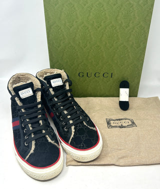 Gucci Tennis 1977 Mens Black Suede Monogram Shearling High Sneakers 40.5 UK 6.5