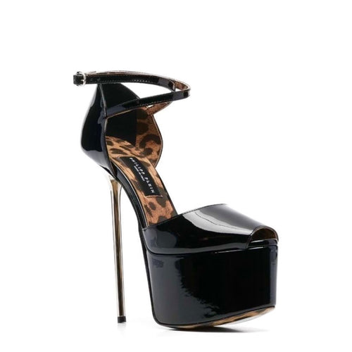 Philipp Plein Black Patent Leather Platform Peep Toe Heel Sandals 