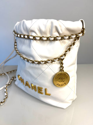 Chanel 22 Mini White Calfskin Bucket Hobo Crossbody Bag