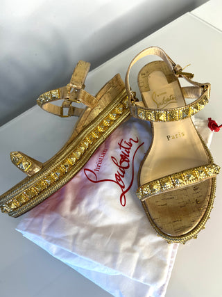 Christian Louboutin Pyradiams Gold Studded Platform Wedge Sandals Large 35 UK2
