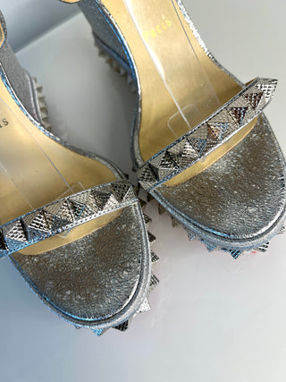 Christian Louboutin Pyraclou 110 Silver Specchio Vintage Leather Wedge Sandals 40 UK7