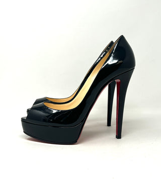 Christian Louboutin Lady Peep Black Patent Leather Platform Peep Toe Heels 38.5 UK 5.5