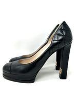 Chanel Black Quilted Leather Platform Block Heel Vintage Pumps