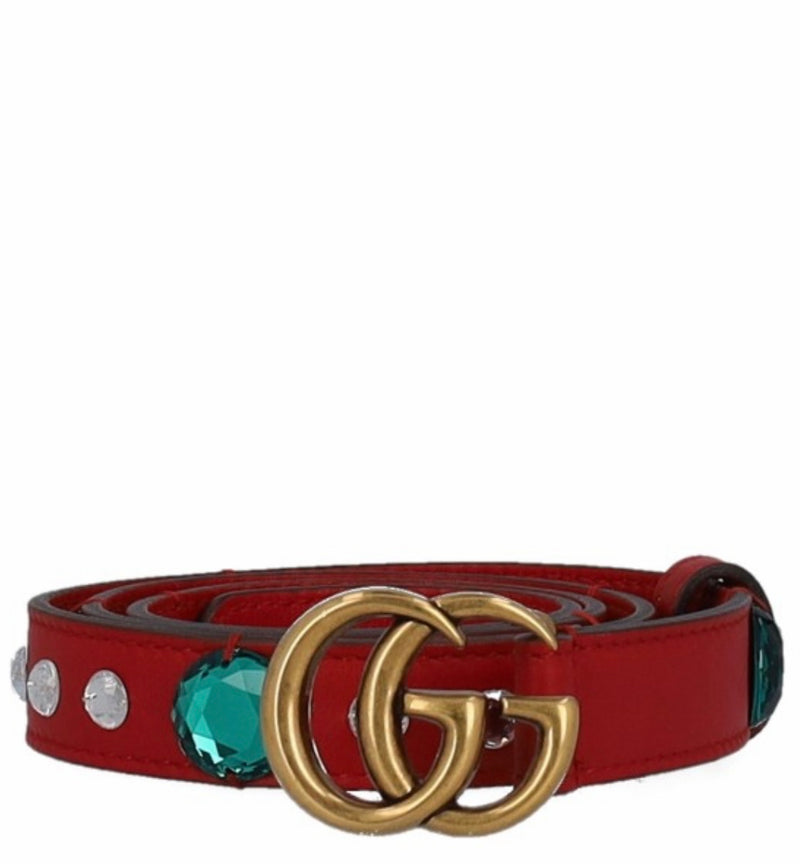 red leather belt with green and silver strass and gold interlocking GG buckle
