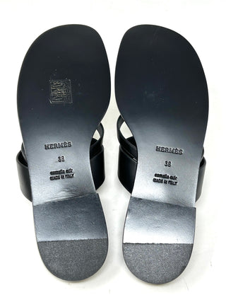 Hermes Black Leather Aged Gold Buckle Sandals