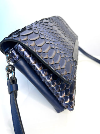 Christian Louboutin Rougissime Nuit Blue Metallic Python Clutch Shoulder Bag