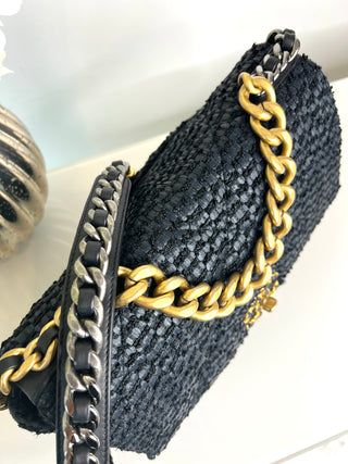 Chanel Preloved Large Chanel 19 Navy Raffia Tweed Flap Bag