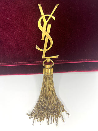 Saint Laurent YSL Kate Small Burgundy Velvet Golden Tassel Chain Crossbody Shoulder Bag